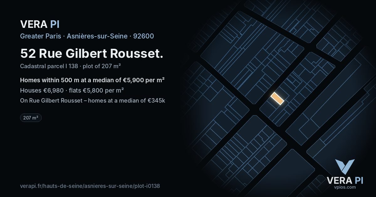52 Rue Gilbert Rousset, Asnières-sur-Seine at night – the plot lit, the parcels around coloured by the prices near them