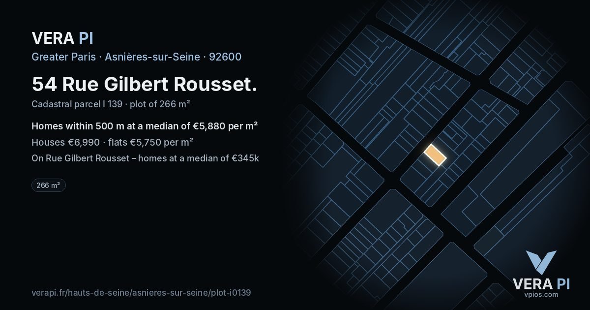 54 Rue Gilbert Rousset, Asnières-sur-Seine at night – the plot lit, the parcels around coloured by the prices near them
