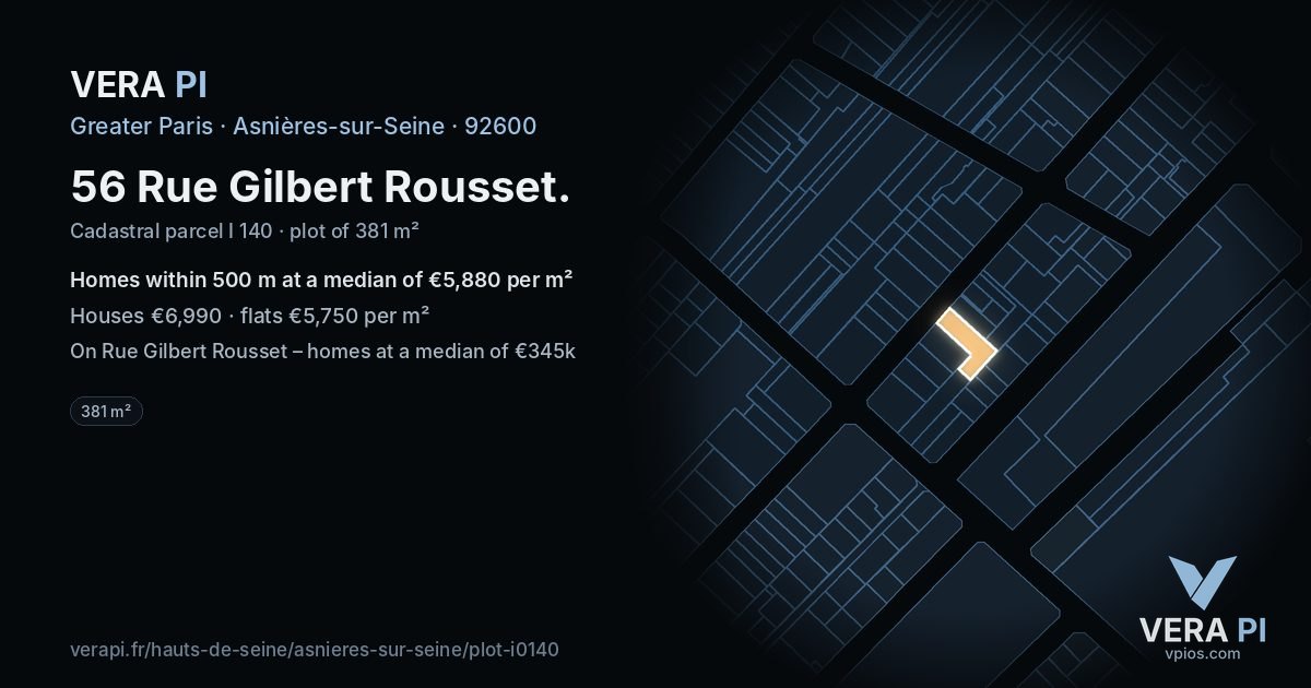 56 Rue Gilbert Rousset, Asnières-sur-Seine at night – the plot lit, the parcels around coloured by the prices near them