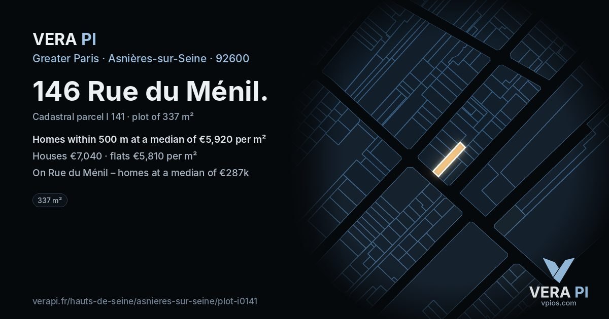 146 Rue du Ménil, Asnières-sur-Seine at night – the plot lit, the parcels around coloured by the prices near them