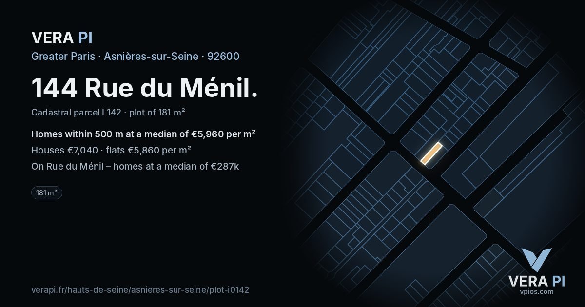 144 Rue du Ménil, Asnières-sur-Seine at night – the plot lit, the parcels around coloured by the prices near them