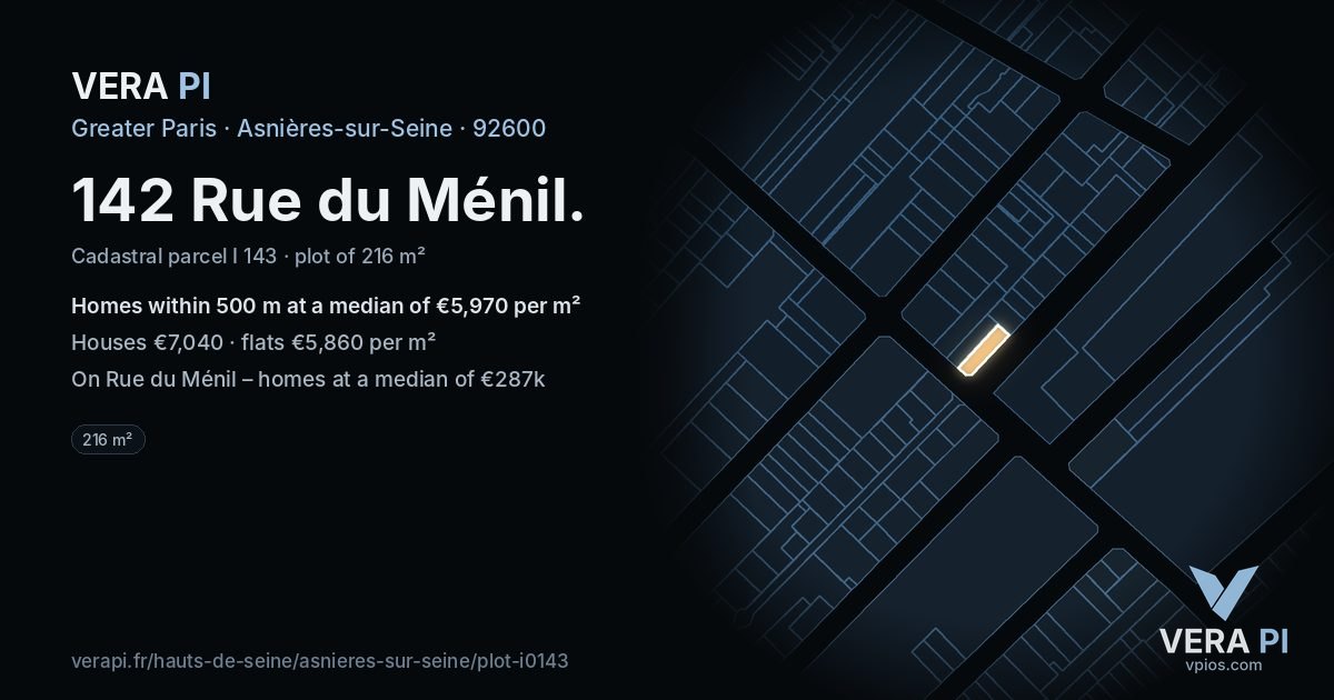 142 Rue du Ménil, Asnières-sur-Seine at night – the plot lit, the parcels around coloured by the prices near them