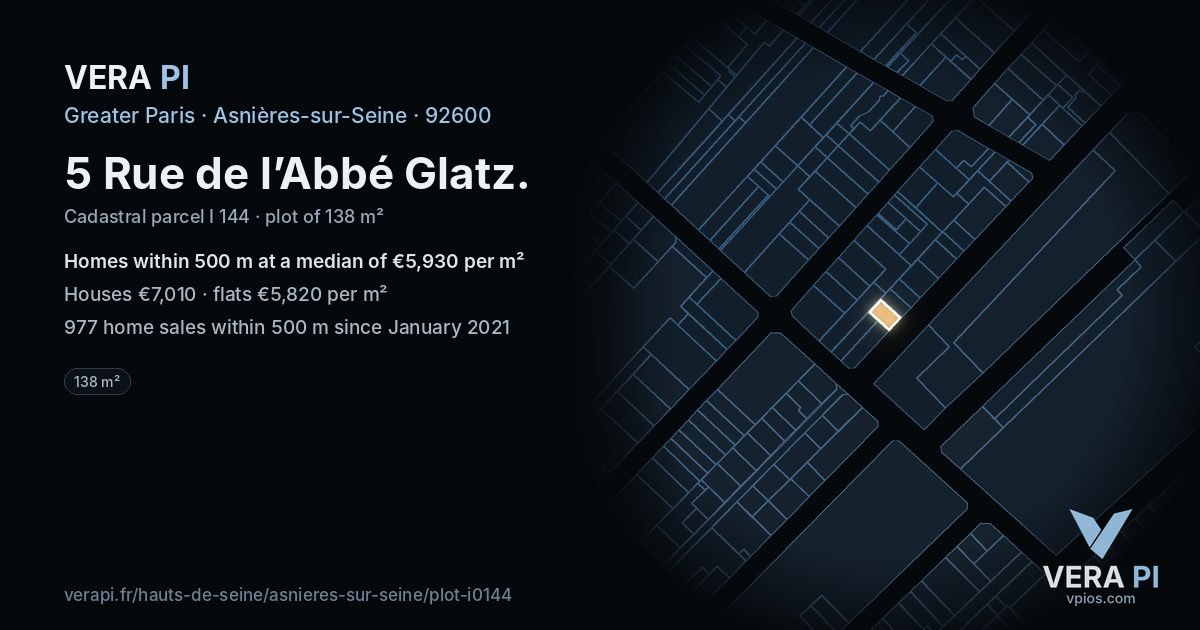 5 Rue de l’Abbé Glatz, Asnières-sur-Seine at night – the plot lit, the parcels around coloured by the prices near them