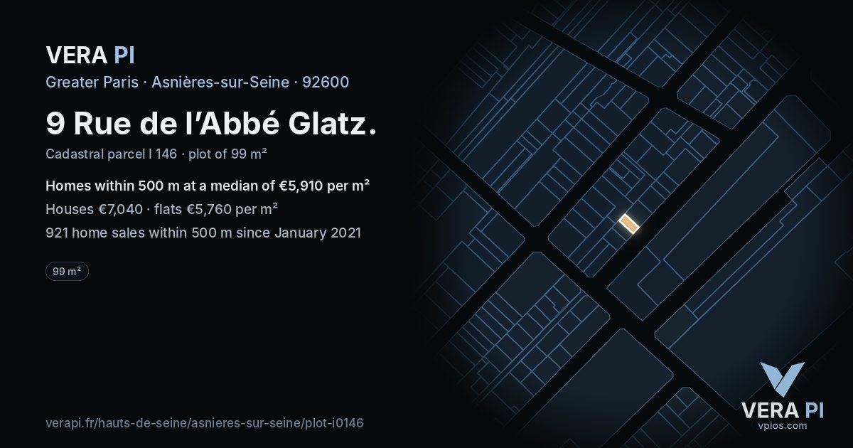 9 Rue de l’Abbé Glatz, Asnières-sur-Seine at night – the plot lit, the parcels around coloured by the prices near them