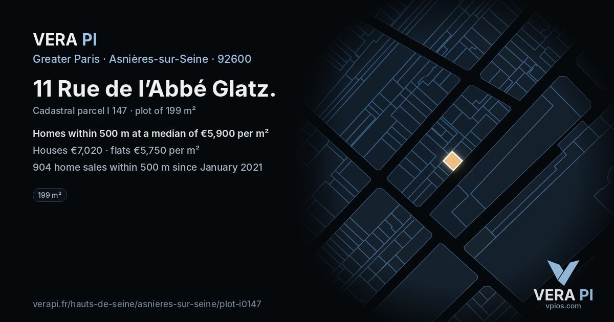 11 Rue de l’Abbé Glatz, Asnières-sur-Seine at night – the plot lit, the parcels around coloured by the prices near them