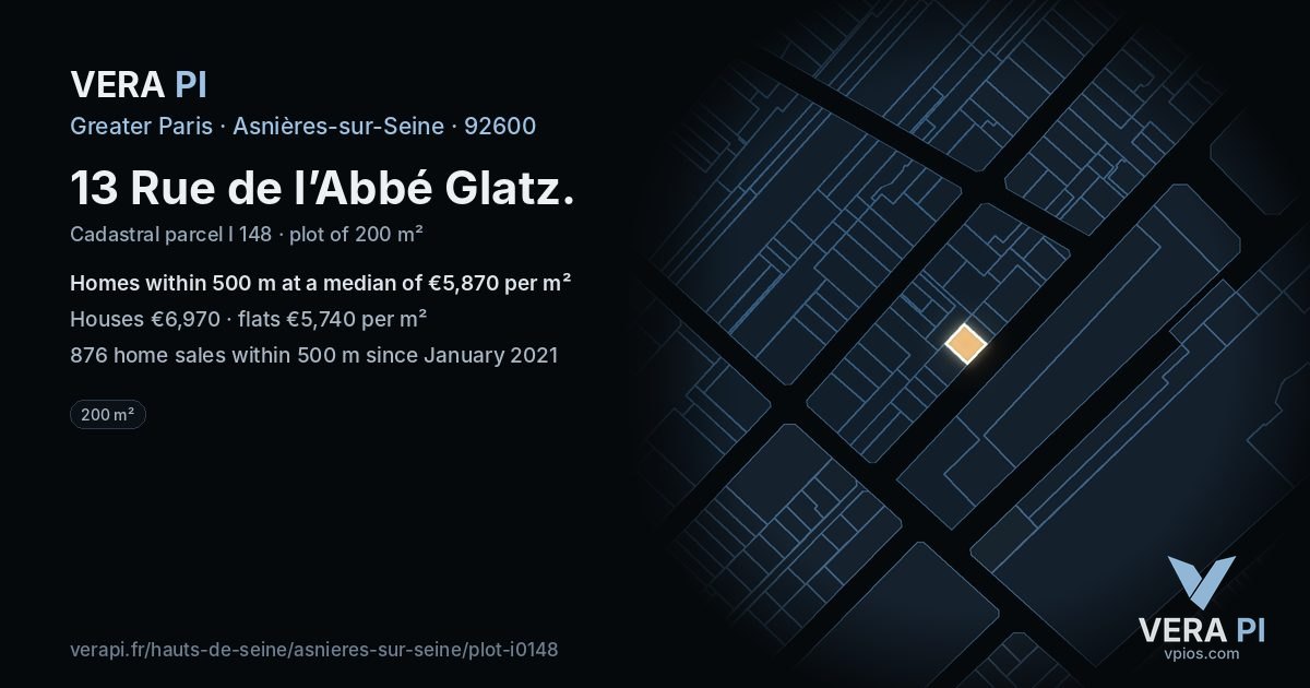 13 Rue de l’Abbé Glatz, Asnières-sur-Seine at night – the plot lit, the parcels around coloured by the prices near them