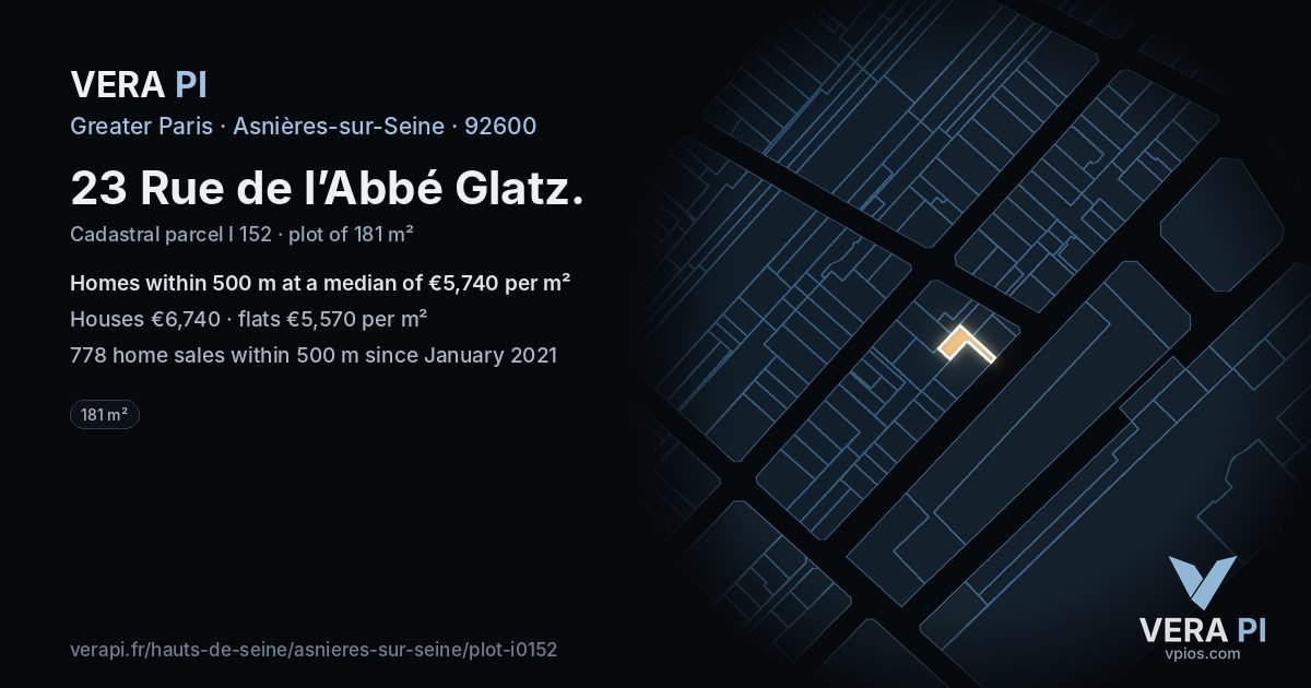 23 Rue de l’Abbé Glatz, Asnières-sur-Seine at night – the plot lit, the parcels around coloured by the prices near them