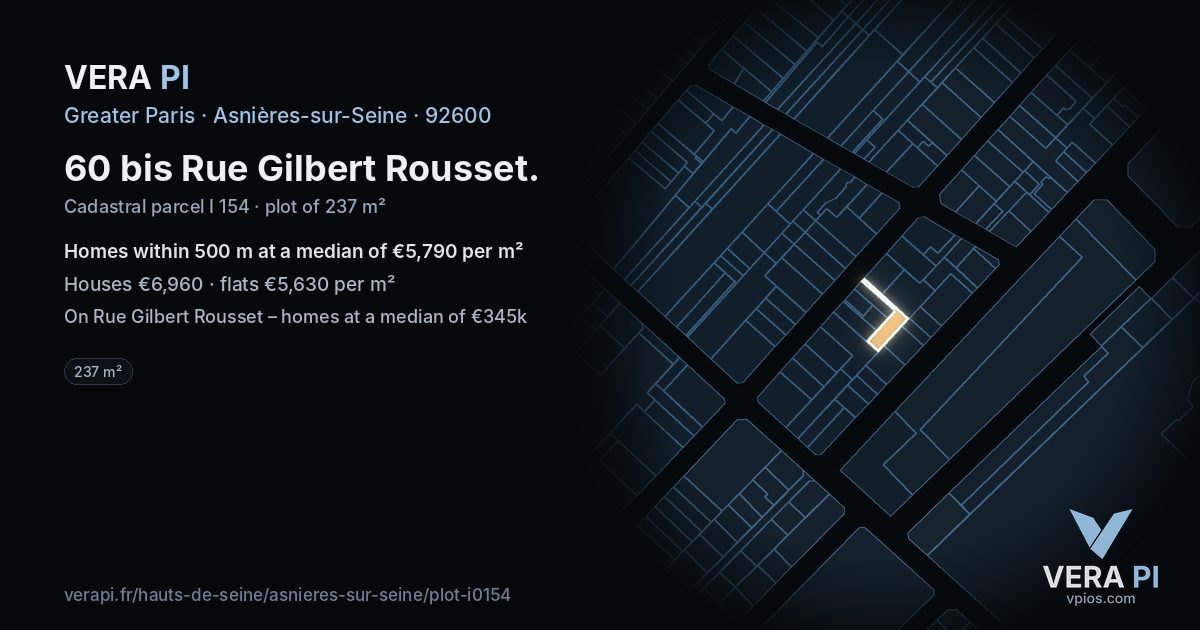 60 bis Rue Gilbert Rousset, Asnières-sur-Seine at night – the plot lit, the parcels around coloured by the prices near them