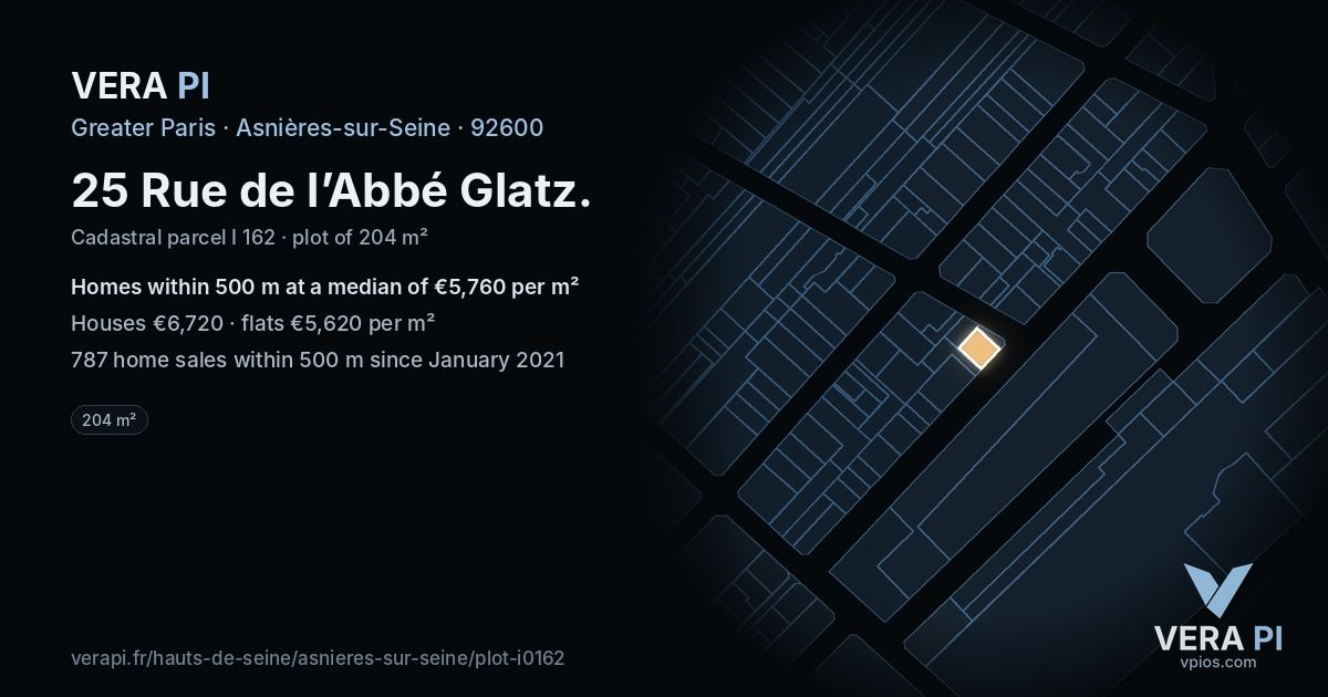 25 Rue de l’Abbé Glatz, Asnières-sur-Seine at night – the plot lit, the parcels around coloured by the prices near them