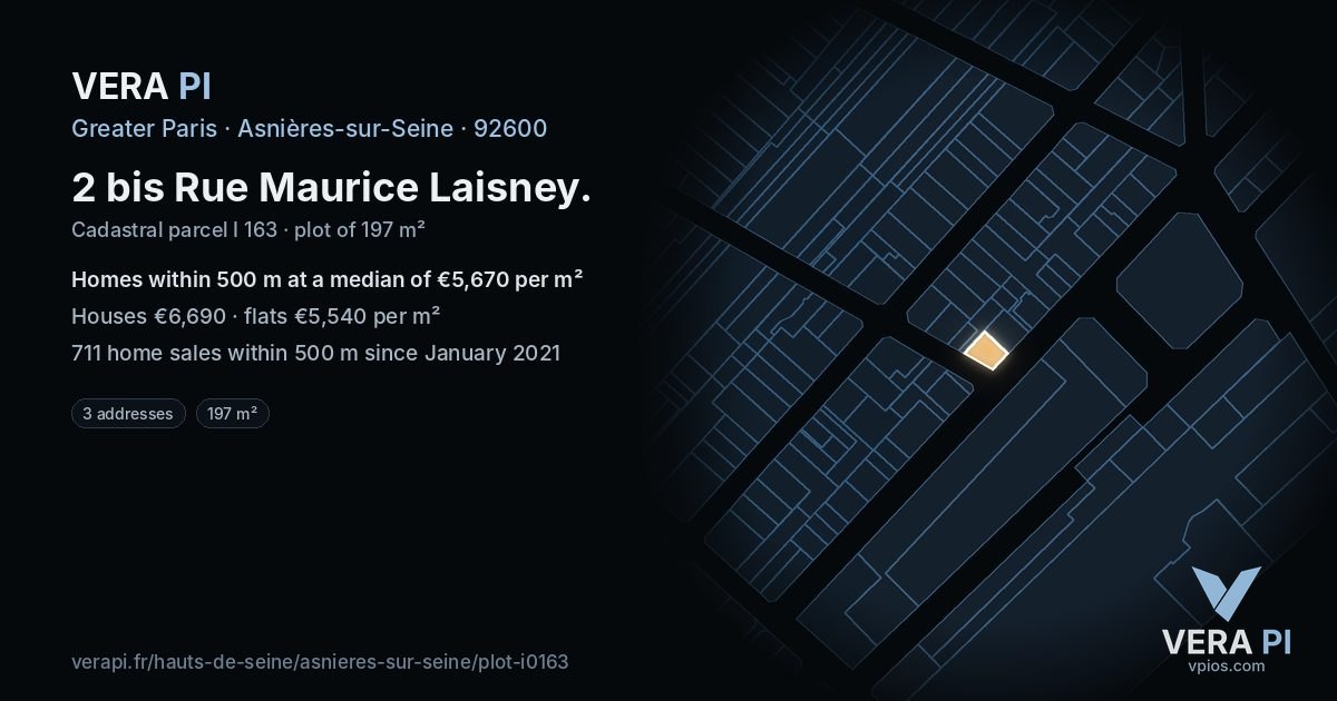 2 bis Rue Maurice Laisney, Asnières-sur-Seine at night – the plot lit, the parcels around coloured by the prices near them