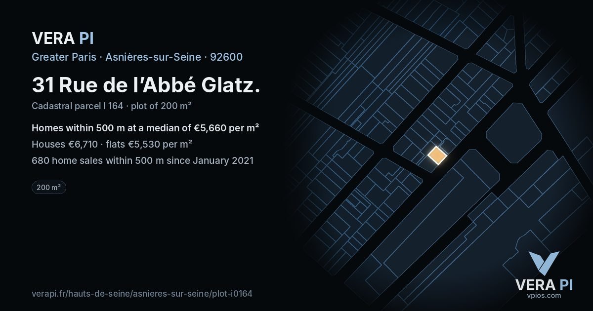 31 Rue de l’Abbé Glatz, Asnières-sur-Seine at night – the plot lit, the parcels around coloured by the prices near them