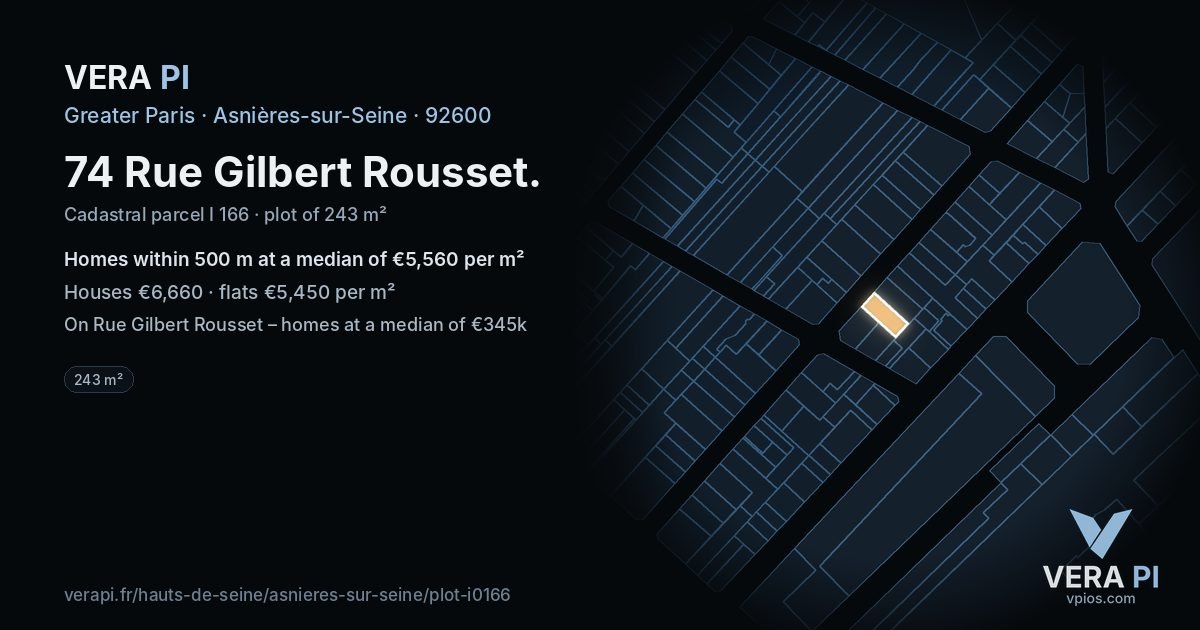 74 Rue Gilbert Rousset, Asnières-sur-Seine at night – the plot lit, the parcels around coloured by the prices near them