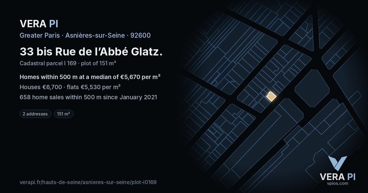 33 bis Rue de l’Abbé Glatz, Asnières-sur-Seine at night – the plot lit, the parcels around coloured by the prices near them