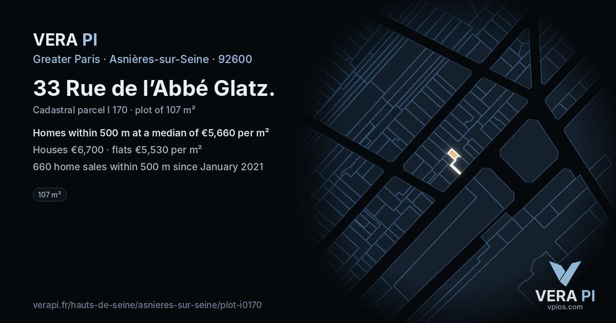 33 Rue de l’Abbé Glatz, Asnières-sur-Seine at night – the plot lit, the parcels around coloured by the prices near them