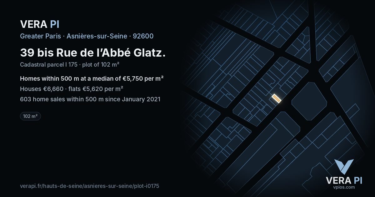 39 bis Rue de l’Abbé Glatz, Asnières-sur-Seine at night – the plot lit, the parcels around coloured by the prices near them