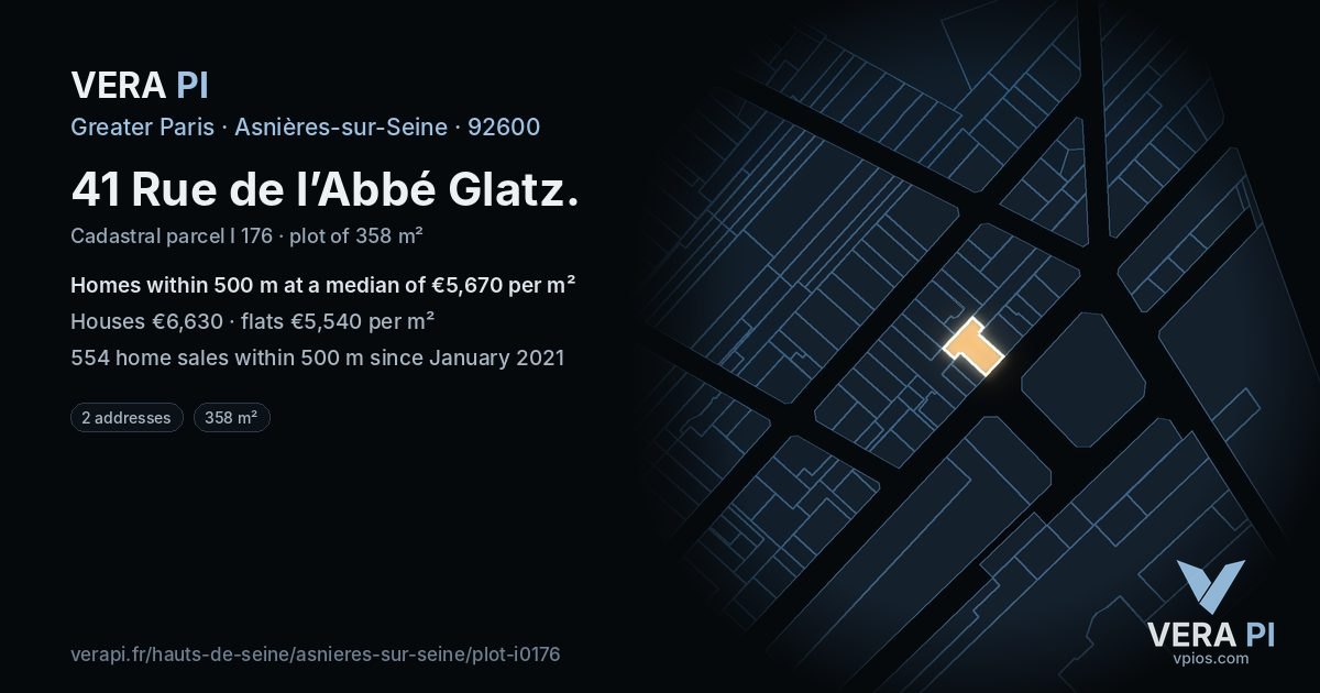 41 Rue de l’Abbé Glatz, Asnières-sur-Seine at night – the plot lit, the parcels around coloured by the prices near them