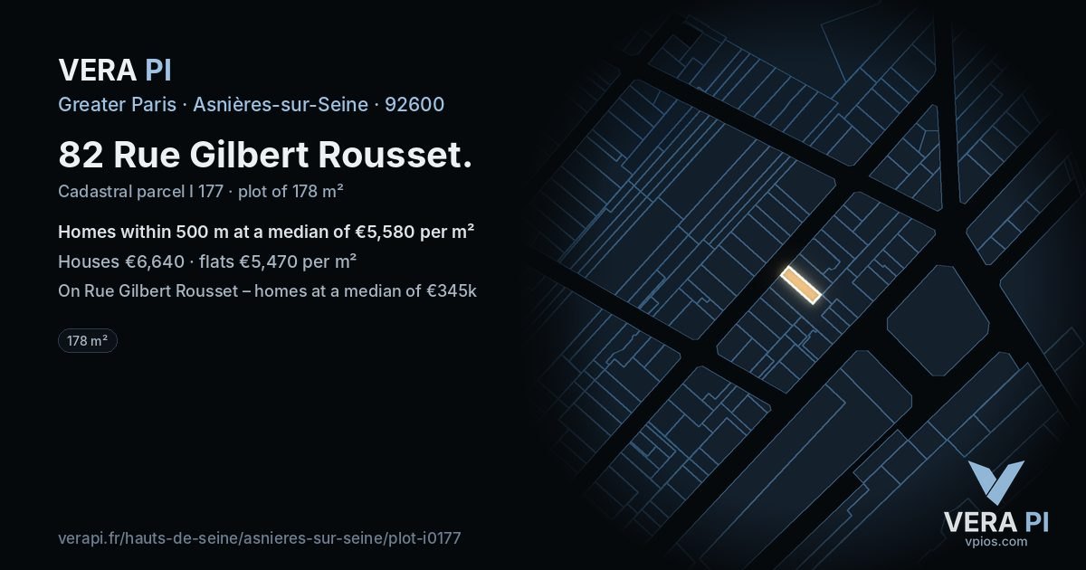 82 Rue Gilbert Rousset, Asnières-sur-Seine at night – the plot lit, the parcels around coloured by the prices near them