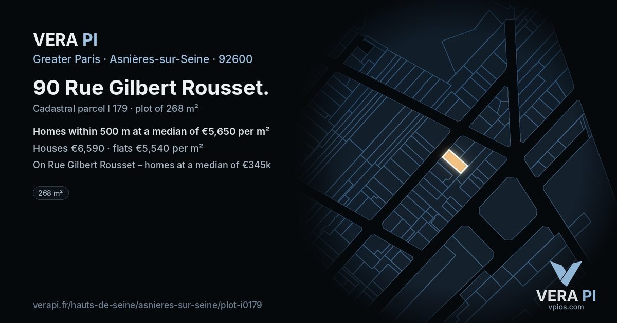 90 Rue Gilbert Rousset, Asnières-sur-Seine at night – the plot lit, the parcels around coloured by the prices near them