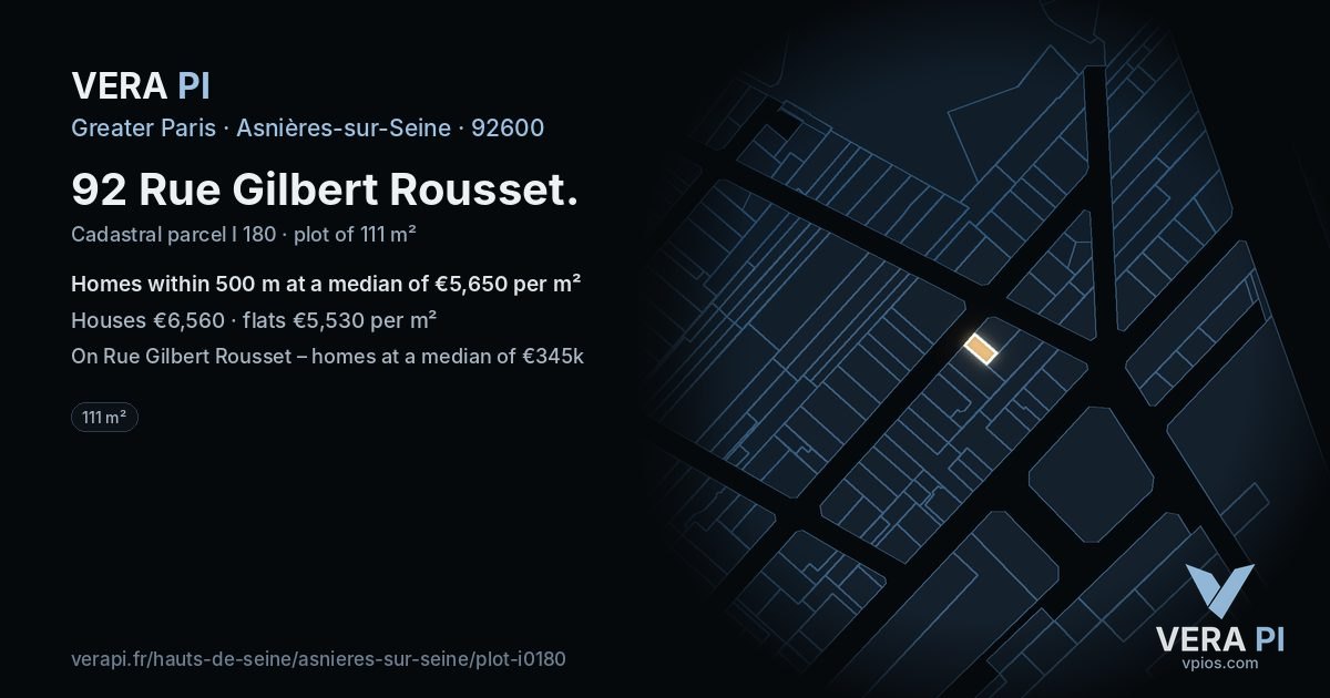 92 Rue Gilbert Rousset, Asnières-sur-Seine at night – the plot lit, the parcels around coloured by the prices near them