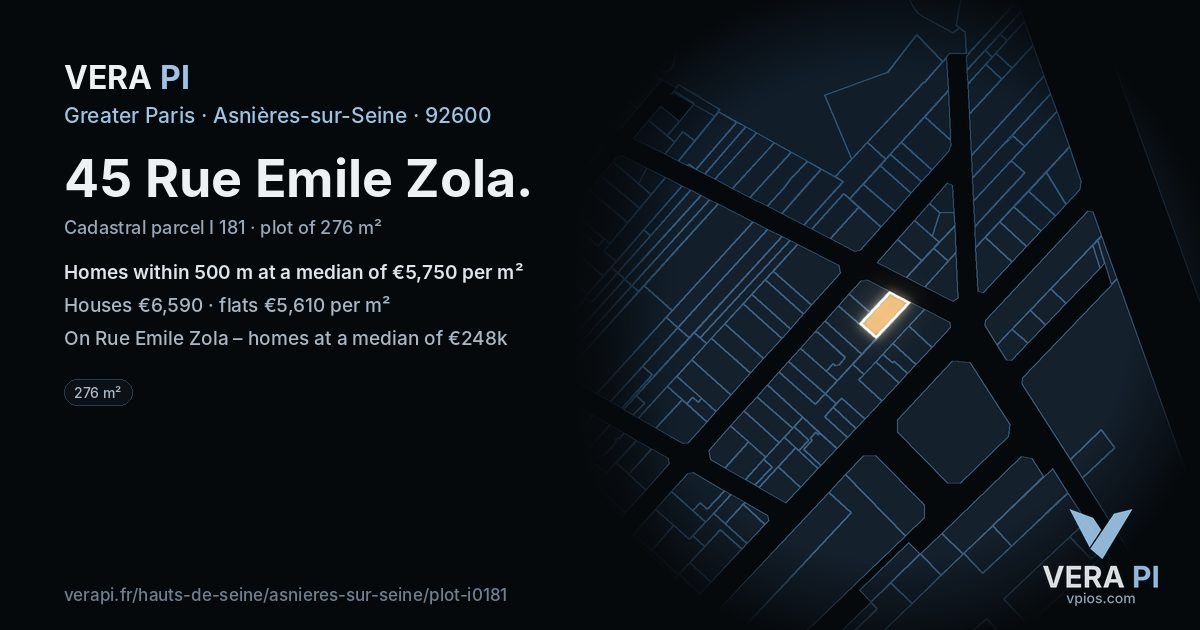 45 Rue Emile Zola, Asnières-sur-Seine at night – the plot lit, the parcels around coloured by the prices near them
