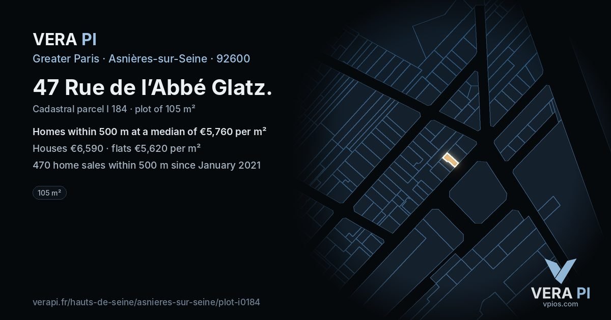 47 Rue de l’Abbé Glatz, Asnières-sur-Seine at night – the plot lit, the parcels around coloured by the prices near them