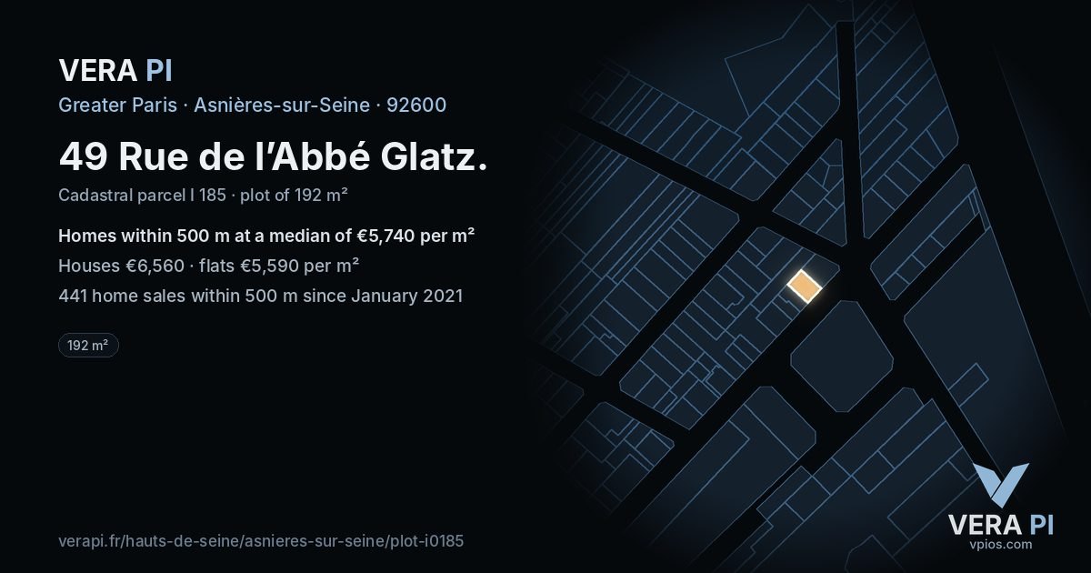 49 Rue de l’Abbé Glatz, Asnières-sur-Seine at night – the plot lit, the parcels around coloured by the prices near them
