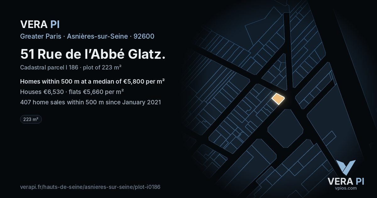 51 Rue de l’Abbé Glatz, Asnières-sur-Seine at night – the plot lit, the parcels around coloured by the prices near them