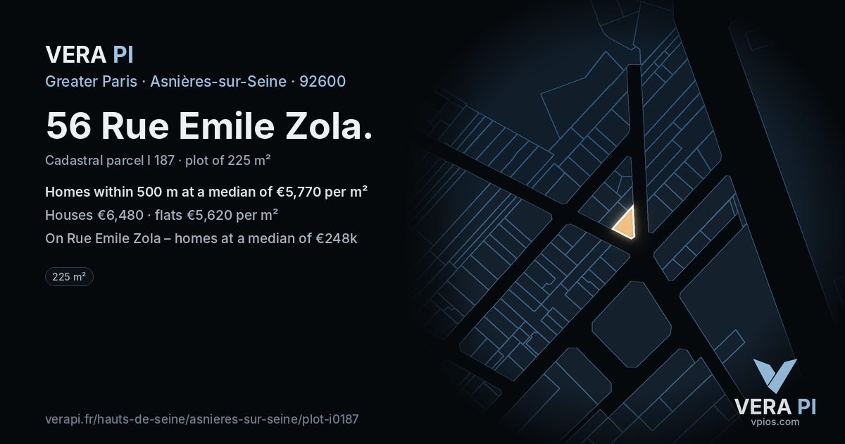 56 Rue Emile Zola, Asnières-sur-Seine at night – the plot lit, the parcels around coloured by the prices near them