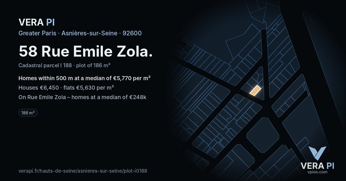 58 Rue Emile Zola, Asnières-sur-Seine at night – the plot lit, the parcels around coloured by the prices near them