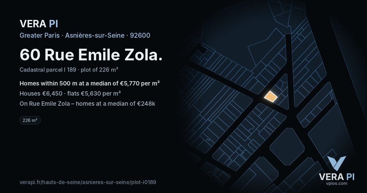 60 Rue Emile Zola, Asnières-sur-Seine at night – the plot lit, the parcels around coloured by the prices near them