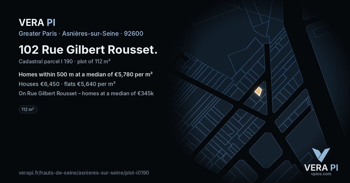 102 Rue Gilbert Rousset, Asnières-sur-Seine at night – the plot lit, the parcels around coloured by the prices near them