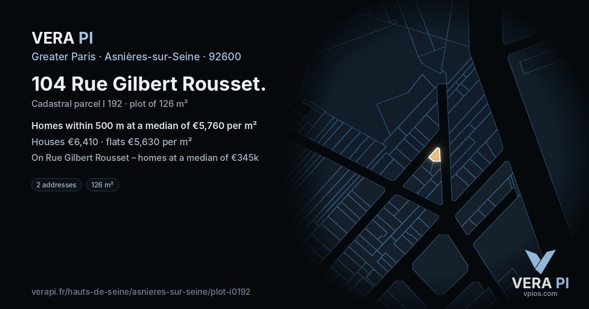 104 Rue Gilbert Rousset, Asnières-sur-Seine at night – the plot lit, the parcels around coloured by the prices near them