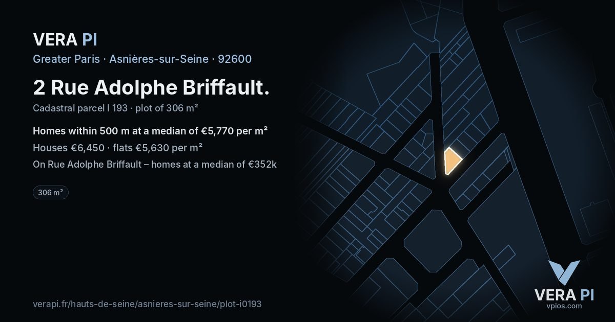 2 Rue Adolphe Briffault, Asnières-sur-Seine at night – the plot lit, the parcels around coloured by the prices near them