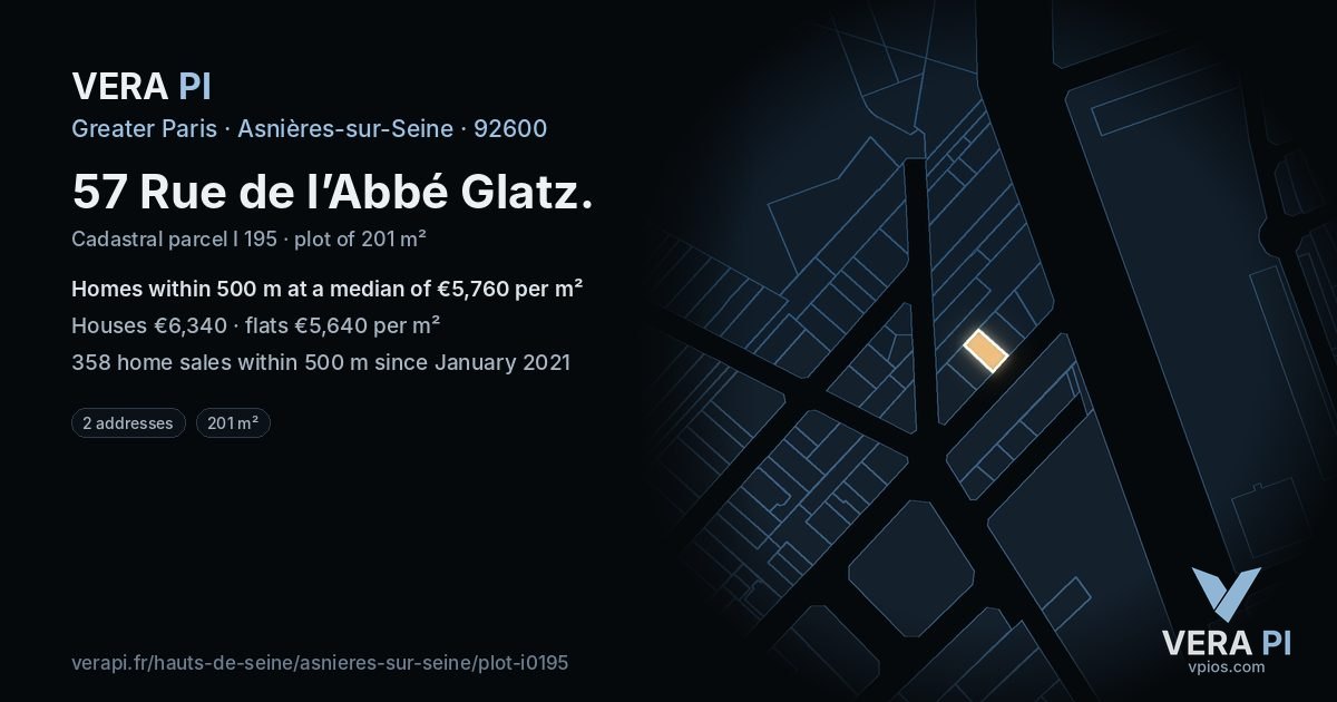57 Rue de l’Abbé Glatz, Asnières-sur-Seine at night – the plot lit, the parcels around coloured by the prices near them