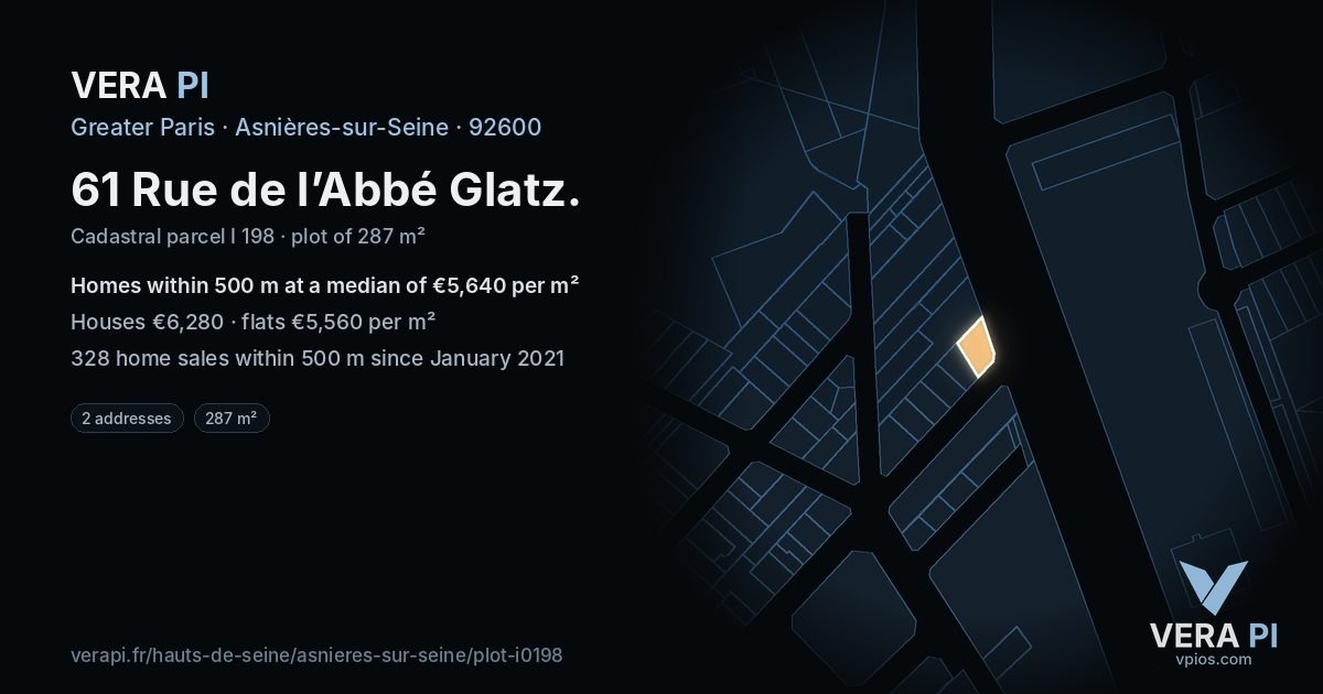 61 Rue de l’Abbé Glatz, Asnières-sur-Seine at night – the plot lit, the parcels around coloured by the prices near them