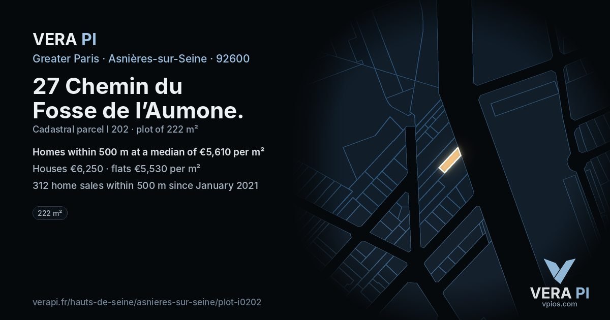 27 Chemin du Fosse de l’Aumone, Asnières-sur-Seine at night – the plot lit, the parcels around coloured by the prices near them