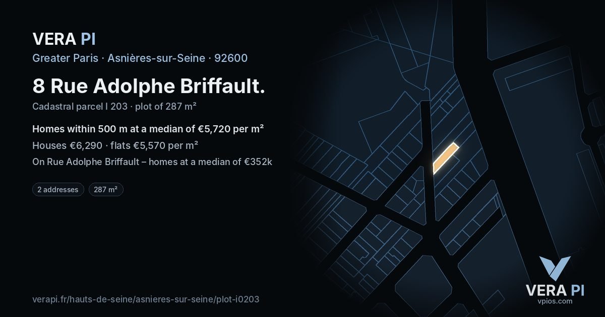 8 Rue Adolphe Briffault, Asnières-sur-Seine at night – the plot lit, the parcels around coloured by the prices near them
