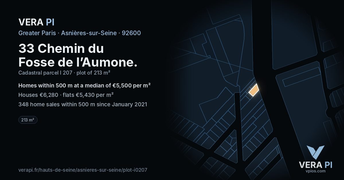 33 Chemin du Fosse de l’Aumone, Asnières-sur-Seine at night – the plot lit, the parcels around coloured by the prices near them