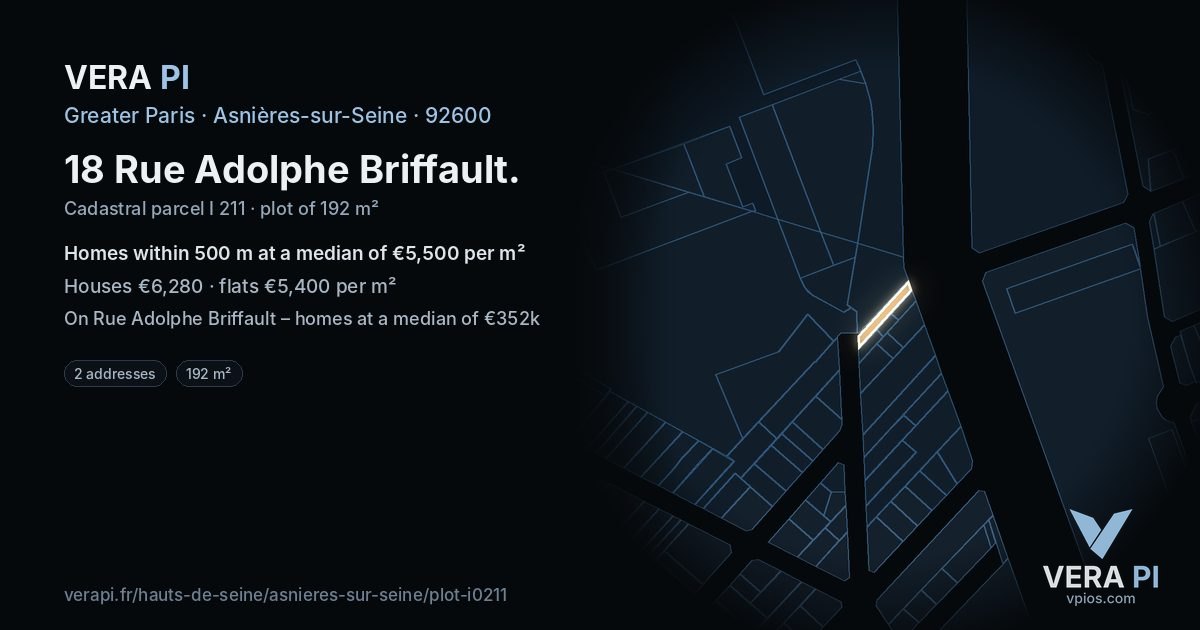 18 Rue Adolphe Briffault, Asnières-sur-Seine at night – the plot lit, the parcels around coloured by the prices near them