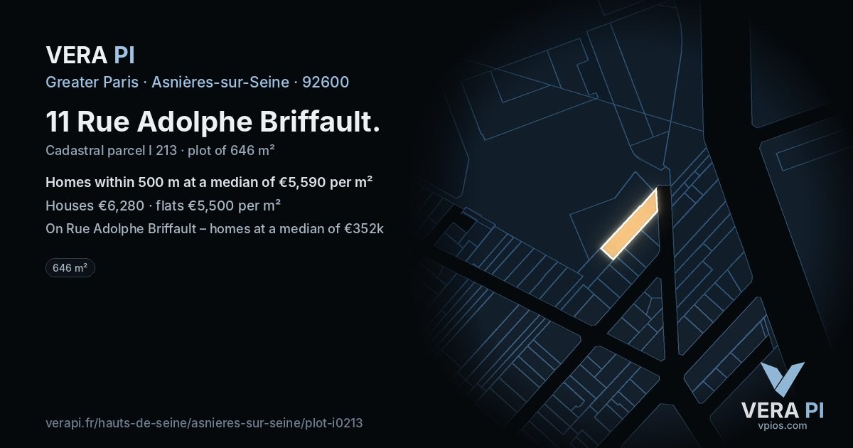 11 Rue Adolphe Briffault, Asnières-sur-Seine at night – the plot lit, the parcels around coloured by the prices near them