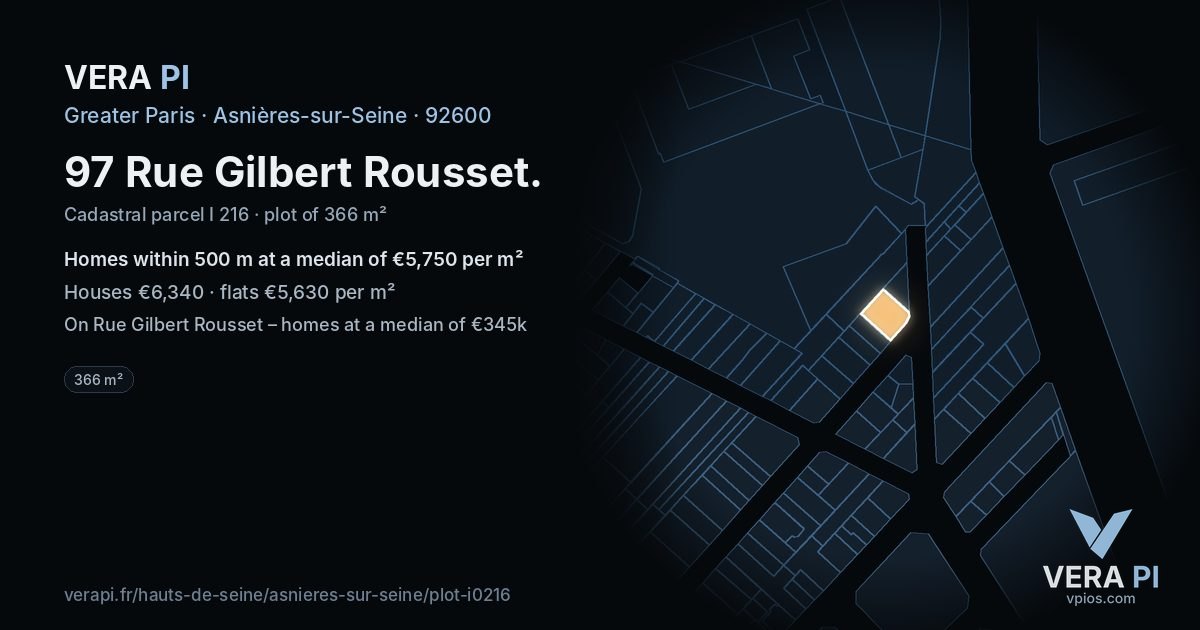 97 Rue Gilbert Rousset, Asnières-sur-Seine at night – the plot lit, the parcels around coloured by the prices near them