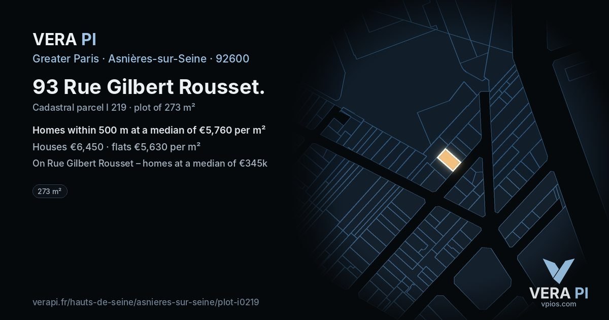 93 Rue Gilbert Rousset, Asnières-sur-Seine at night – the plot lit, the parcels around coloured by the prices near them