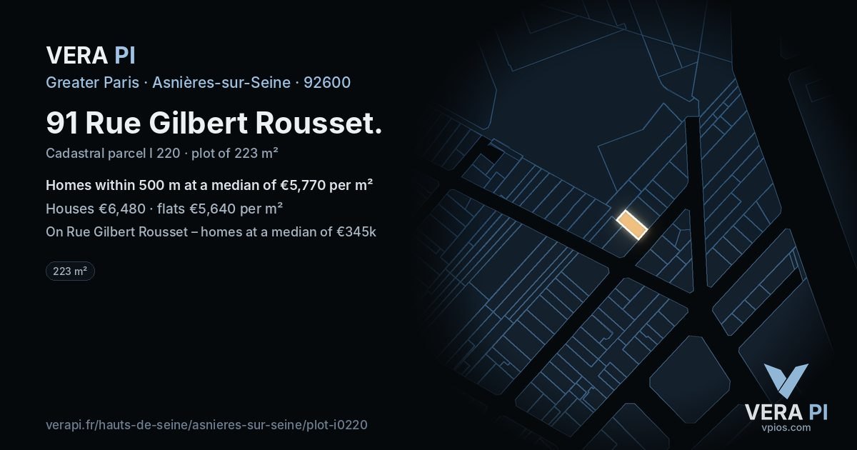 91 Rue Gilbert Rousset, Asnières-sur-Seine at night – the plot lit, the parcels around coloured by the prices near them