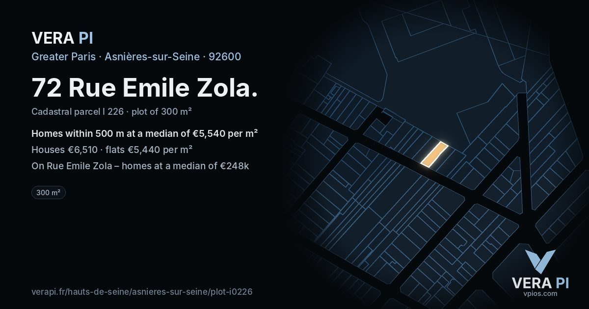 72 Rue Emile Zola, Asnières-sur-Seine at night – the plot lit, the parcels around coloured by the prices near them