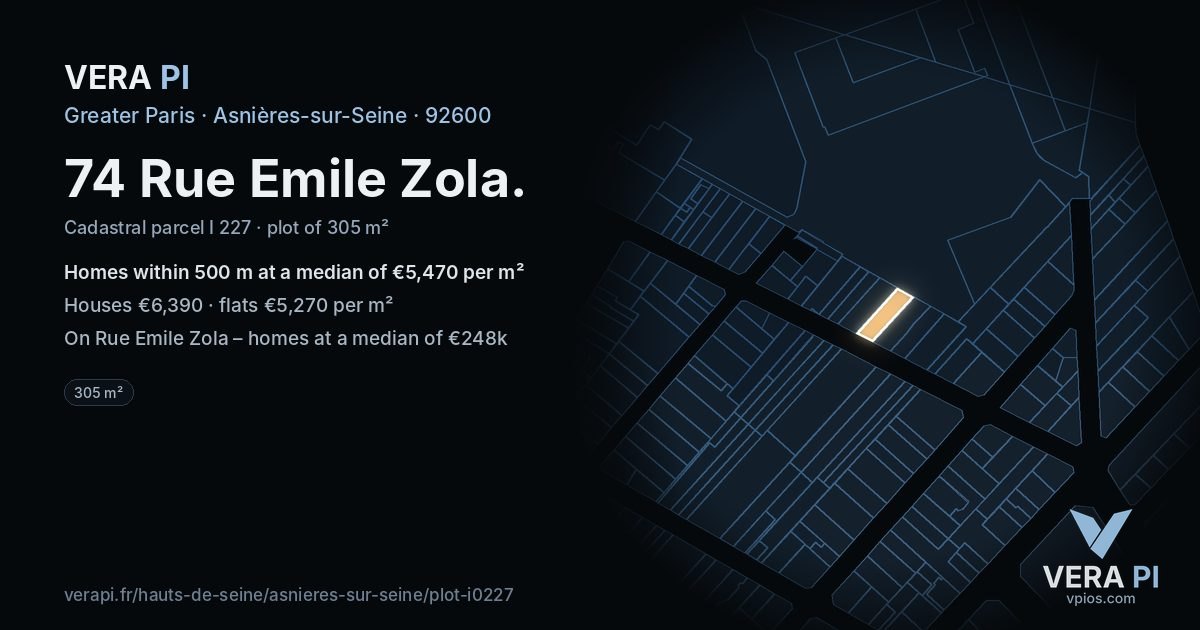 74 Rue Emile Zola, Asnières-sur-Seine at night – the plot lit, the parcels around coloured by the prices near them