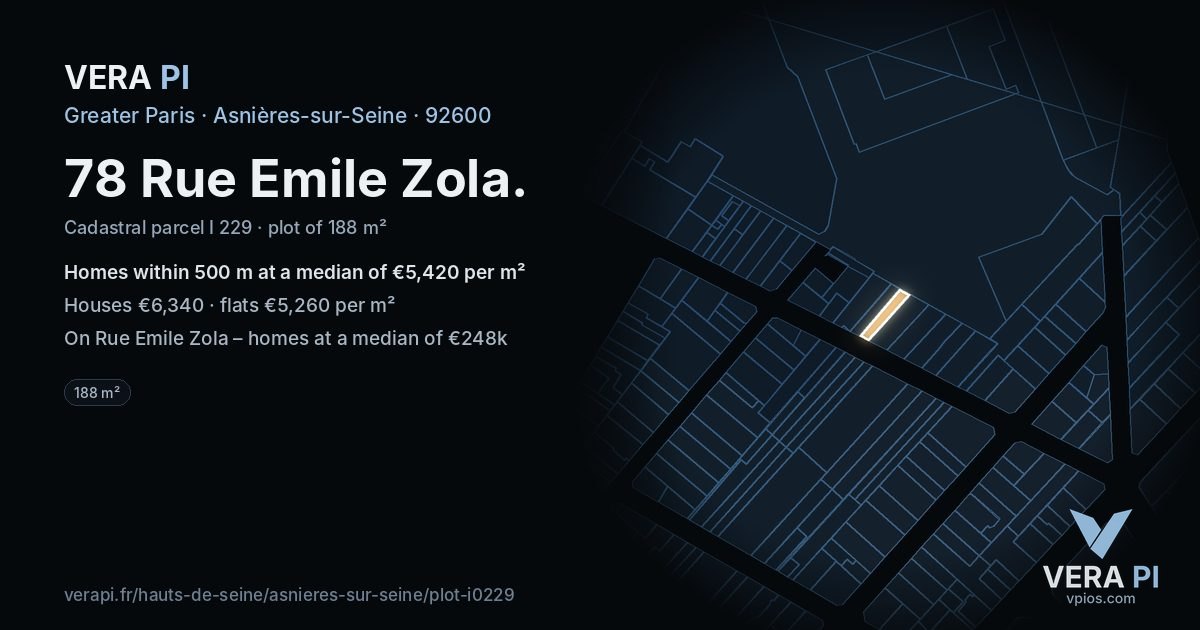 78 Rue Emile Zola, Asnières-sur-Seine at night – the plot lit, the parcels around coloured by the prices near them