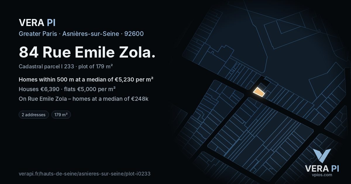 84 Rue Emile Zola, Asnières-sur-Seine at night – the plot lit, the parcels around coloured by the prices near them
