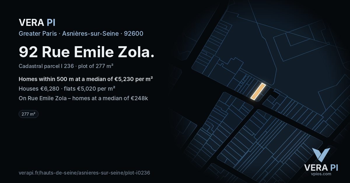 92 Rue Emile Zola, Asnières-sur-Seine at night – the plot lit, the parcels around coloured by the prices near them