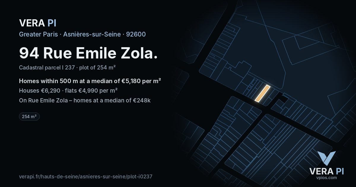 94 Rue Emile Zola, Asnières-sur-Seine at night – the plot lit, the parcels around coloured by the prices near them