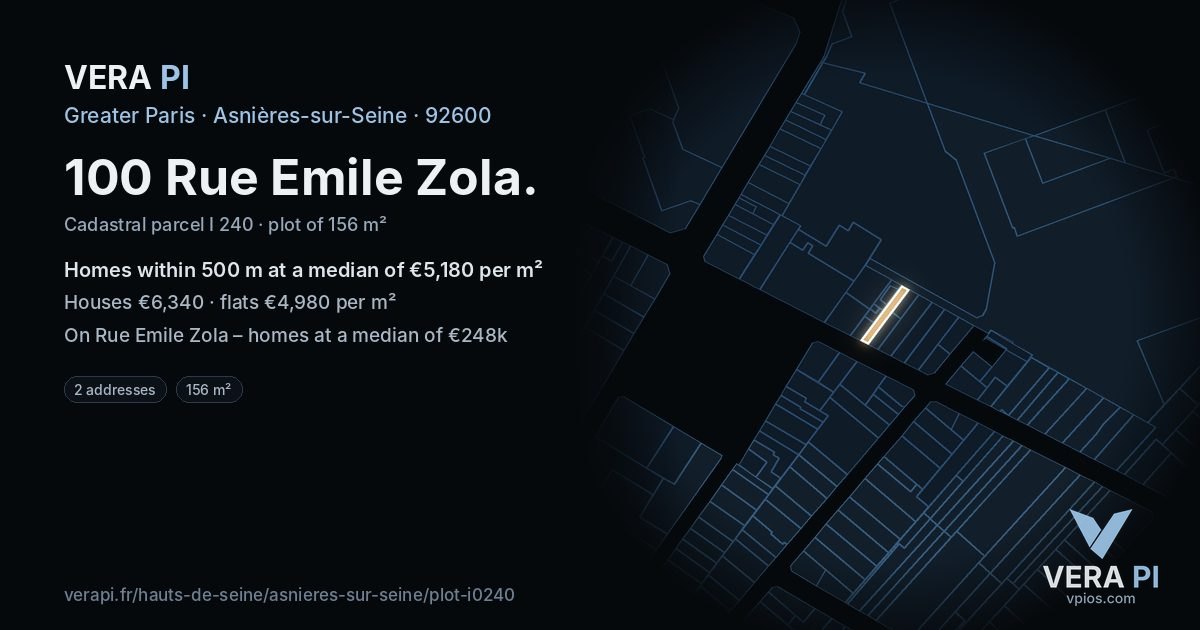 100 Rue Emile Zola, Asnières-sur-Seine at night – the plot lit, the parcels around coloured by the prices near them